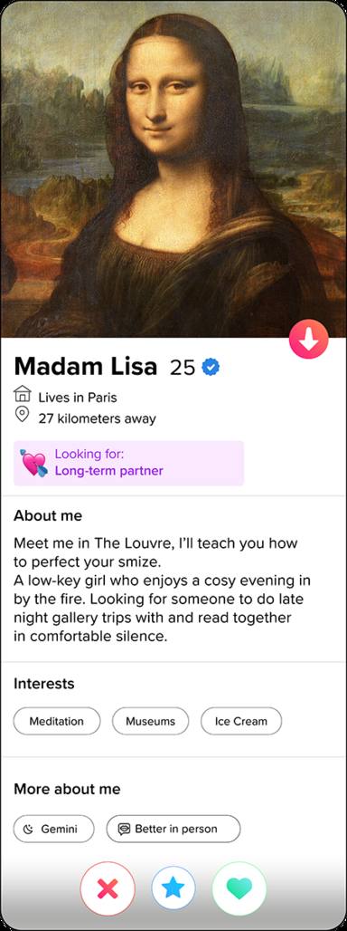 La bio de la Mona Lisa, como ejemplo de Tinder en su campaña de marketing